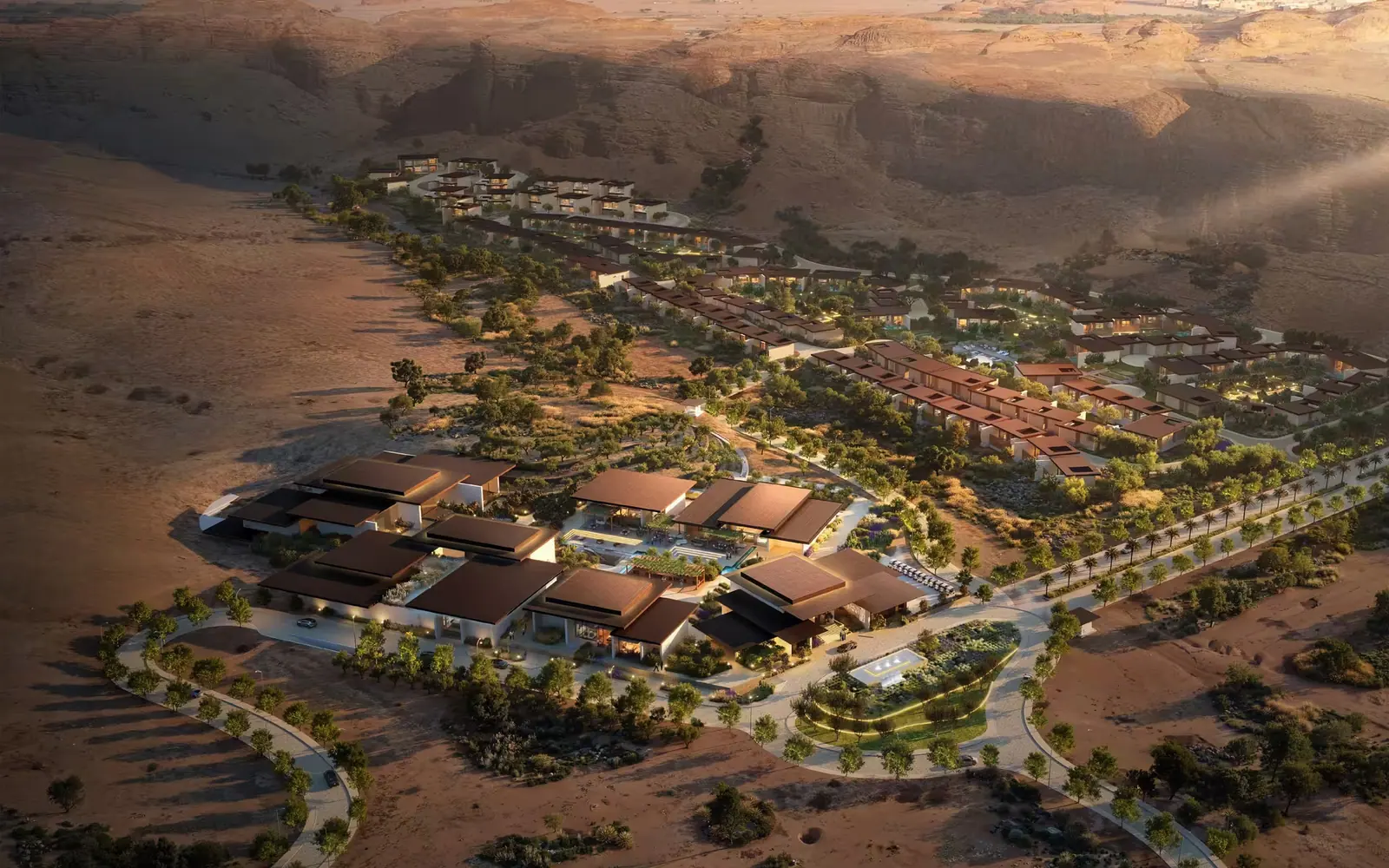 Aerial render of the ALEEL resort in a desert valley