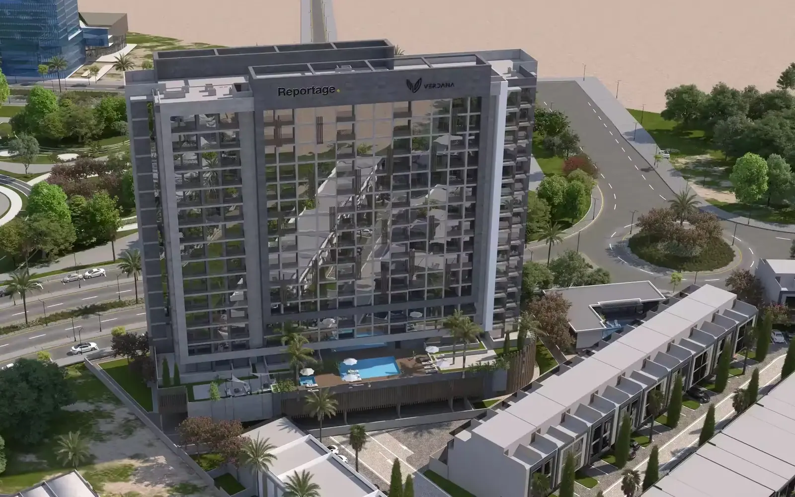 Aerial render of a residential tower and townhouses