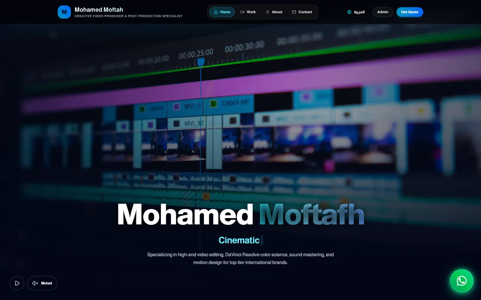 Mohamed Moftah's portfolio hero over a blurred video-editing timeline